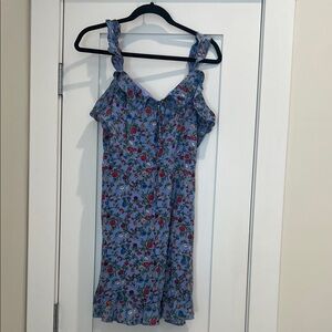 bohme Blue Floral Mini Dress with Red Rose Print